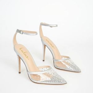 Lulu's Keiza Silver patent rhinestone pointed-toe ankle strap pumps